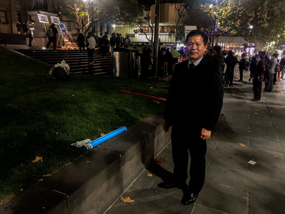 Frank Ruanjie after the rally, June 4 2020. Ruanjie has been advocating for greater democratic freedom In China for more than 30 years. Photo by Oliver Lees.